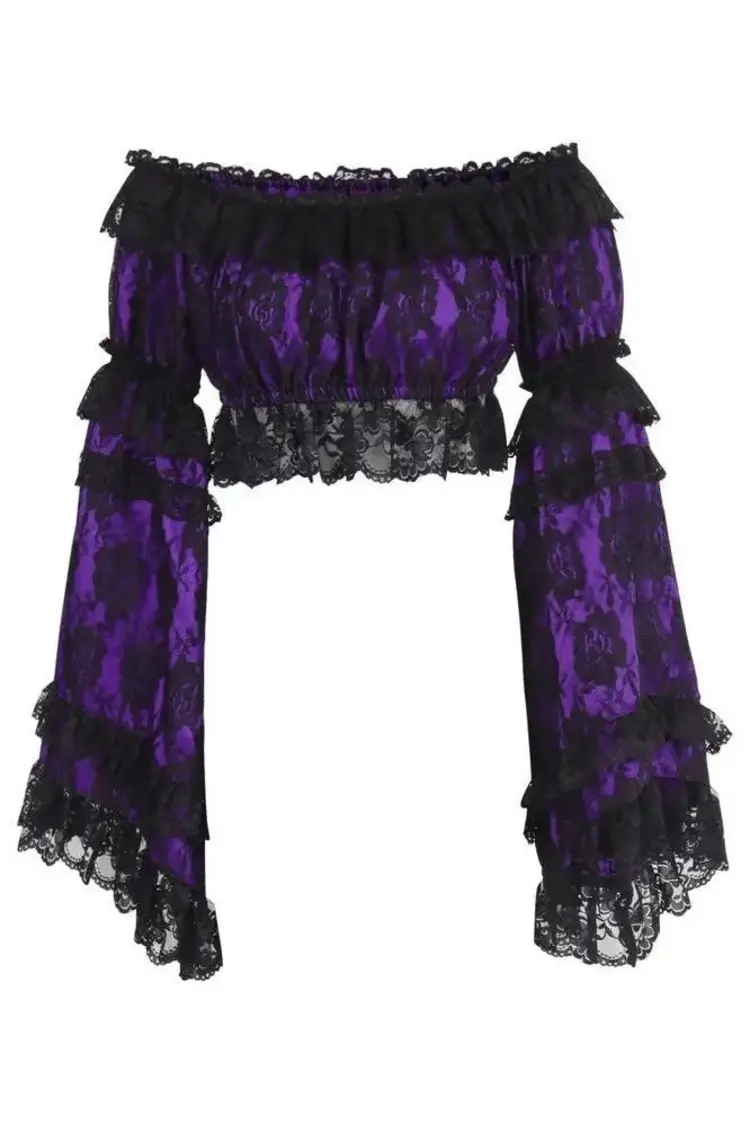 Purple/Black Lace Smocked Flare Sleeve Peasant Top-Regular