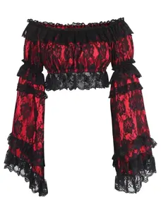 Red/Black Lace Smocked Flare Sleeve Peasant Top-Regular