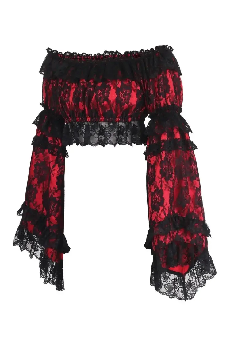 Red/Black Lace Smocked Flare Sleeve Peasant Top-Regular
