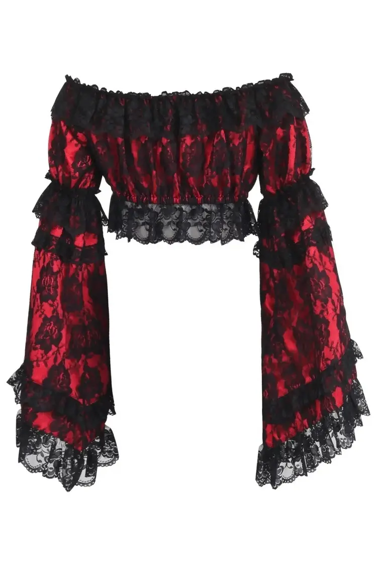 Red/Black Lace Smocked Flare Sleeve Peasant Top-Regular