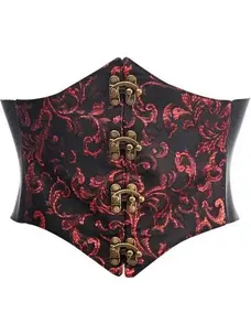 Black/Red Swirl Brocade Corset Belt Cincher w/Clasps