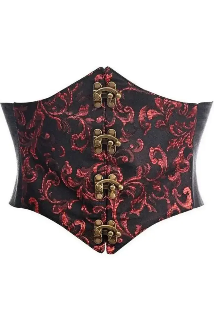 Black/Red Swirl Brocade Corset Belt Cincher w/Clasps