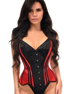Red Mesh & Black Satin Steel Boned Overbust Corset