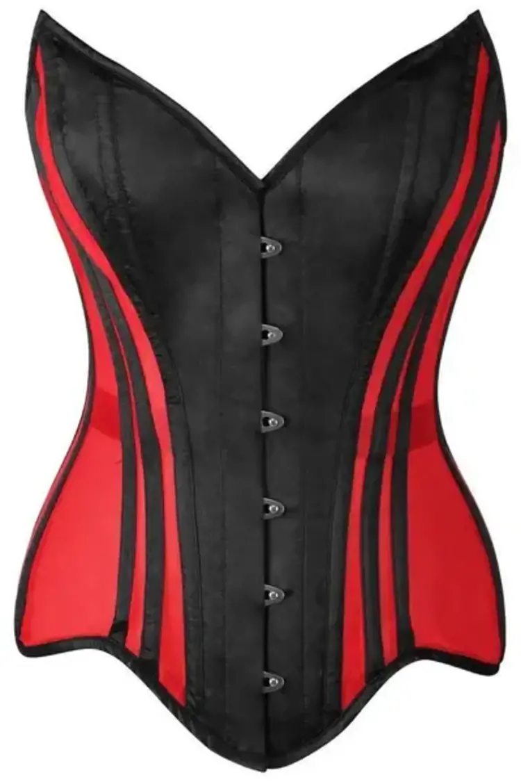 Red Mesh & Black Satin Steel Boned Overbust Corset
