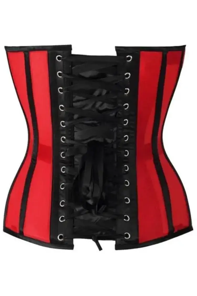 Red Mesh & Black Satin Steel Boned Overbust Corset