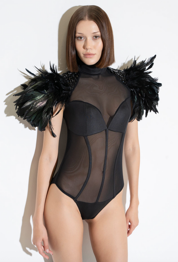 Mock Neck Bodysuit w/ Faux Feather-Trim Shoulders Black