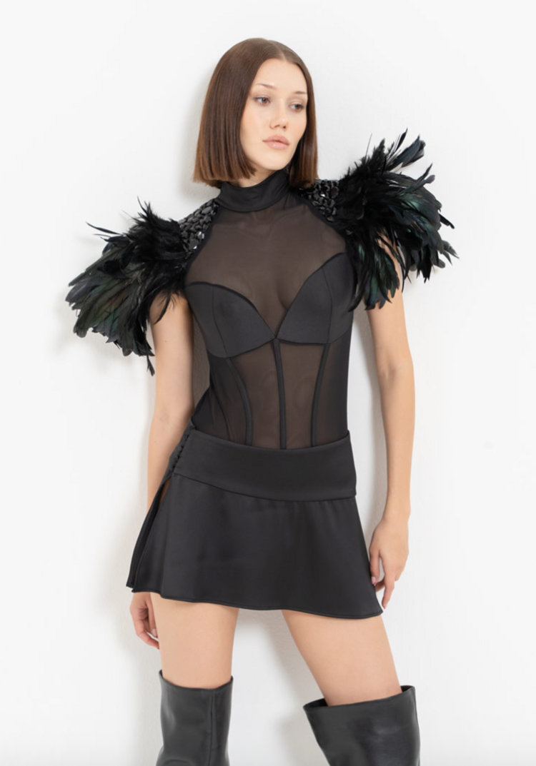 Mock Neck Bodysuit w/ Faux Feather-Trim Shoulders Black