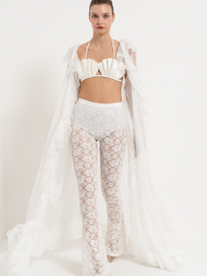 Faux Pearl Embellished Ruffle-Trim Mesh Cape Off White