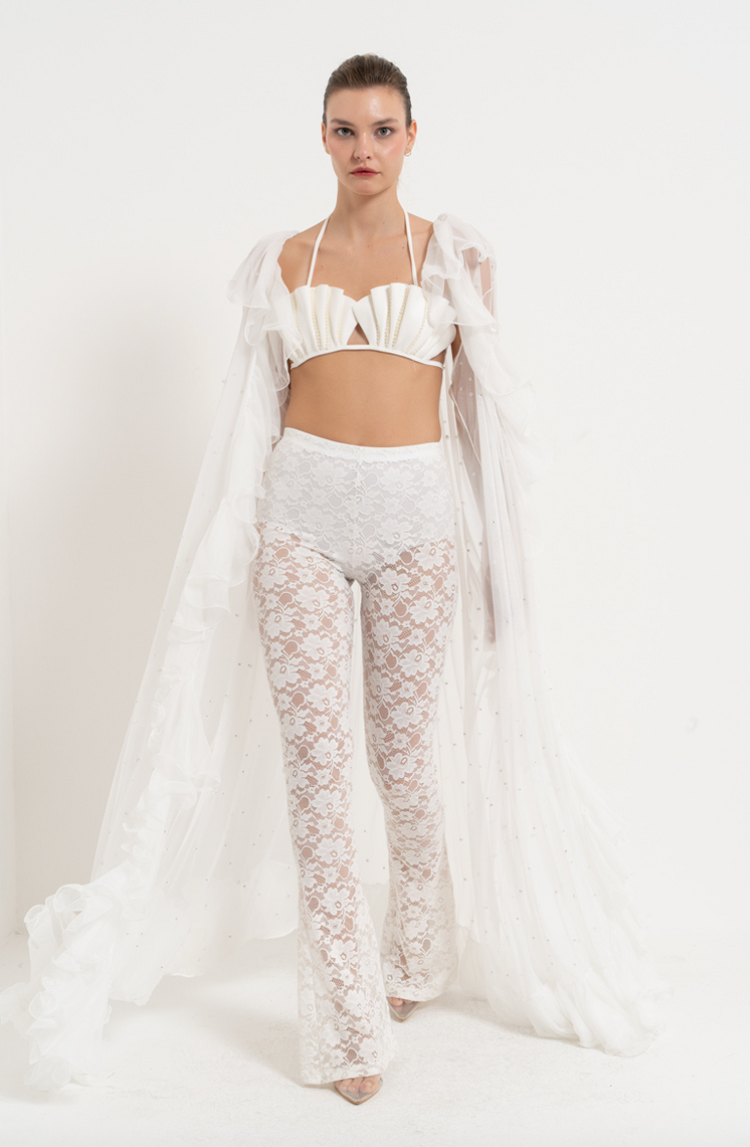 Faux Pearl Embellished Ruffle-Trim Mesh Cape Off White