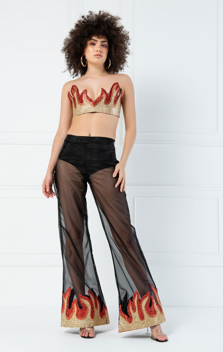Organza Glitter Flame Cuff Pants Black