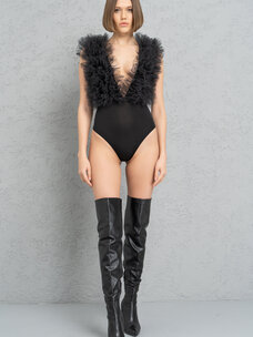 Ruffle-Mesh Tank Bodysuit