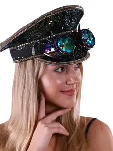 Black Sequin Captain Hat with Kaleidoscope Goggles