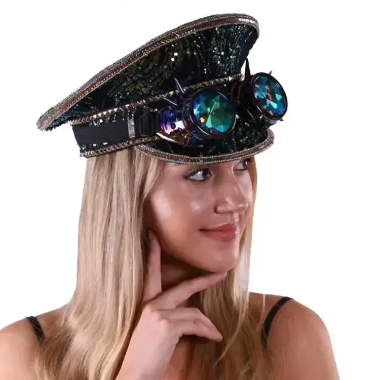 KBW GLOBAL CORP. Black Sequin Captain Hat with Kaleidoscope Goggles