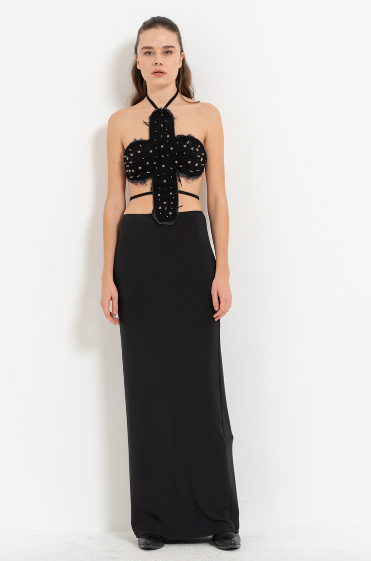 Studded Denim Top Black