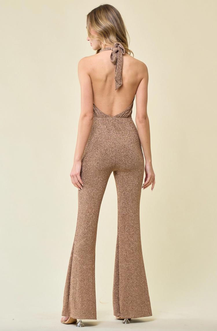 Western Metallic Halter Neck Flare Jumpsuit Copper