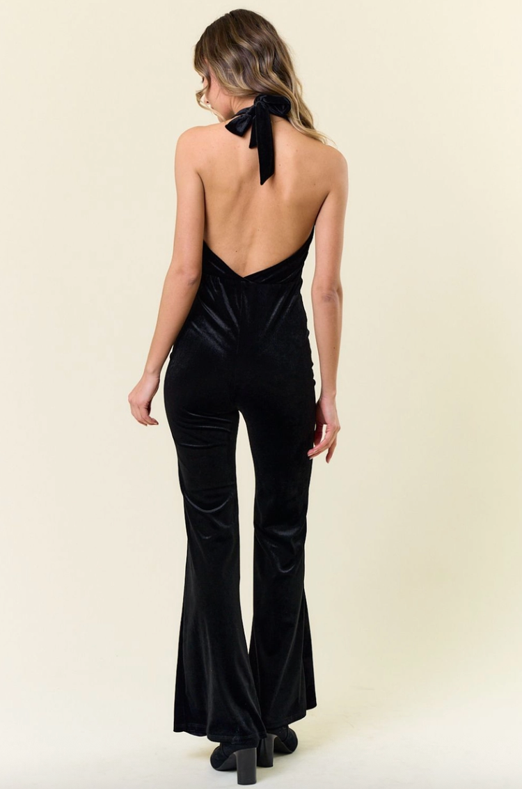 Western Velvet Halter Neck Flare Jumpsuit Black