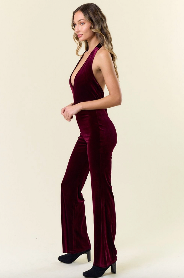 Western Velvet Halter Neck Flare Jumpsuit Burgundy