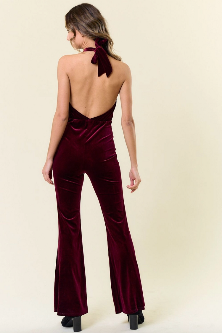 Western Velvet Halter Neck Flare Jumpsuit Burgundy