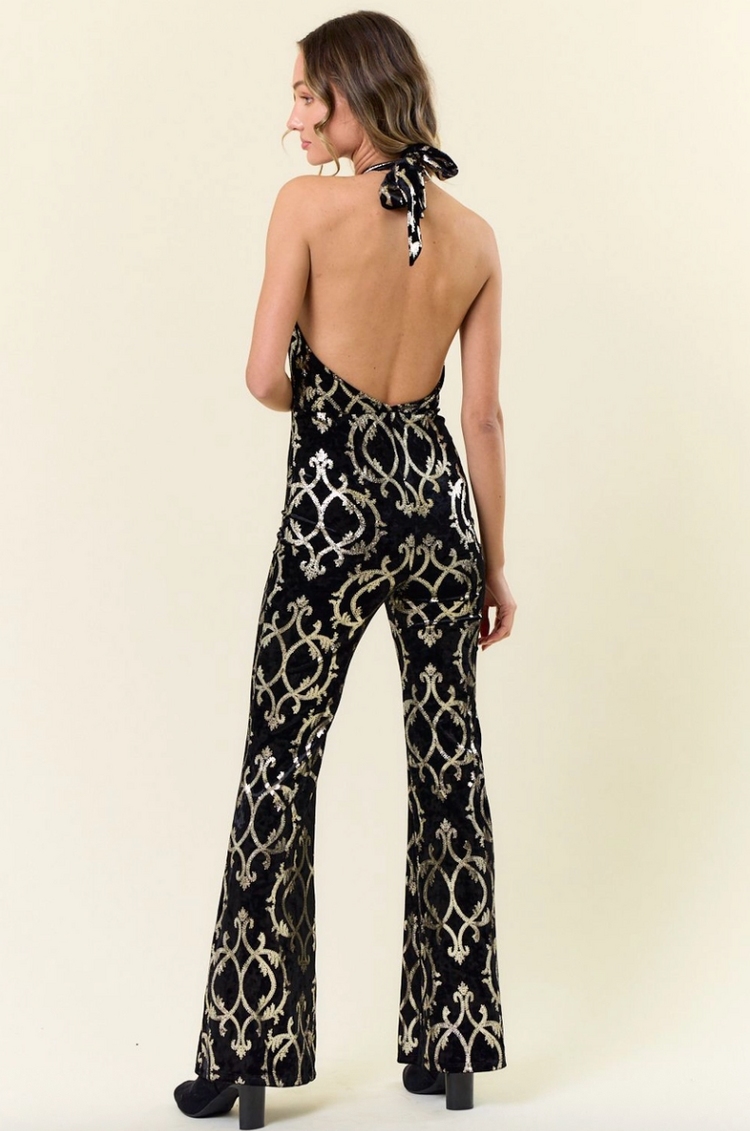 Foil Print Velvet Halter Neck Flare Jumpsuit Black