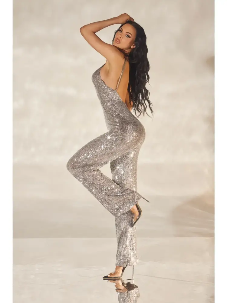 Bronze Sequin Halter Stretch Jumpsuit