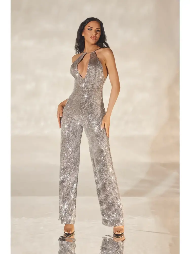 Bronze Sequin Halter Stretch Jumpsuit