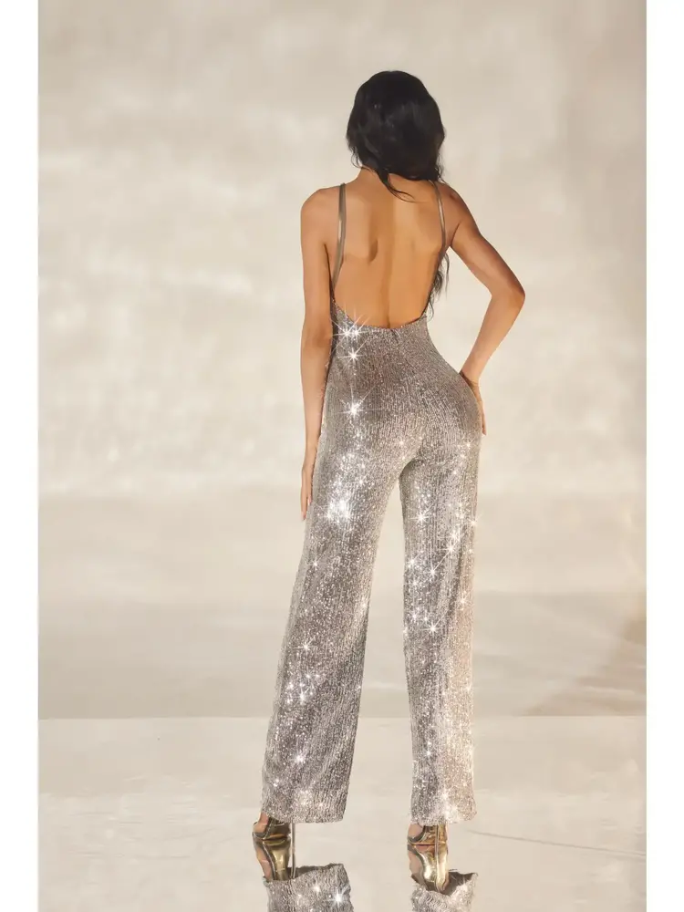 Bronze Sequin Halter Stretch Jumpsuit