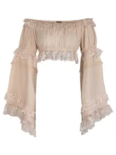 Beige Smocked Flare Sleeve Peasant Top-Queen