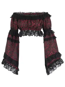 Red/Black Brocade Smocked Flare Sleeve Peasant Top-Regular