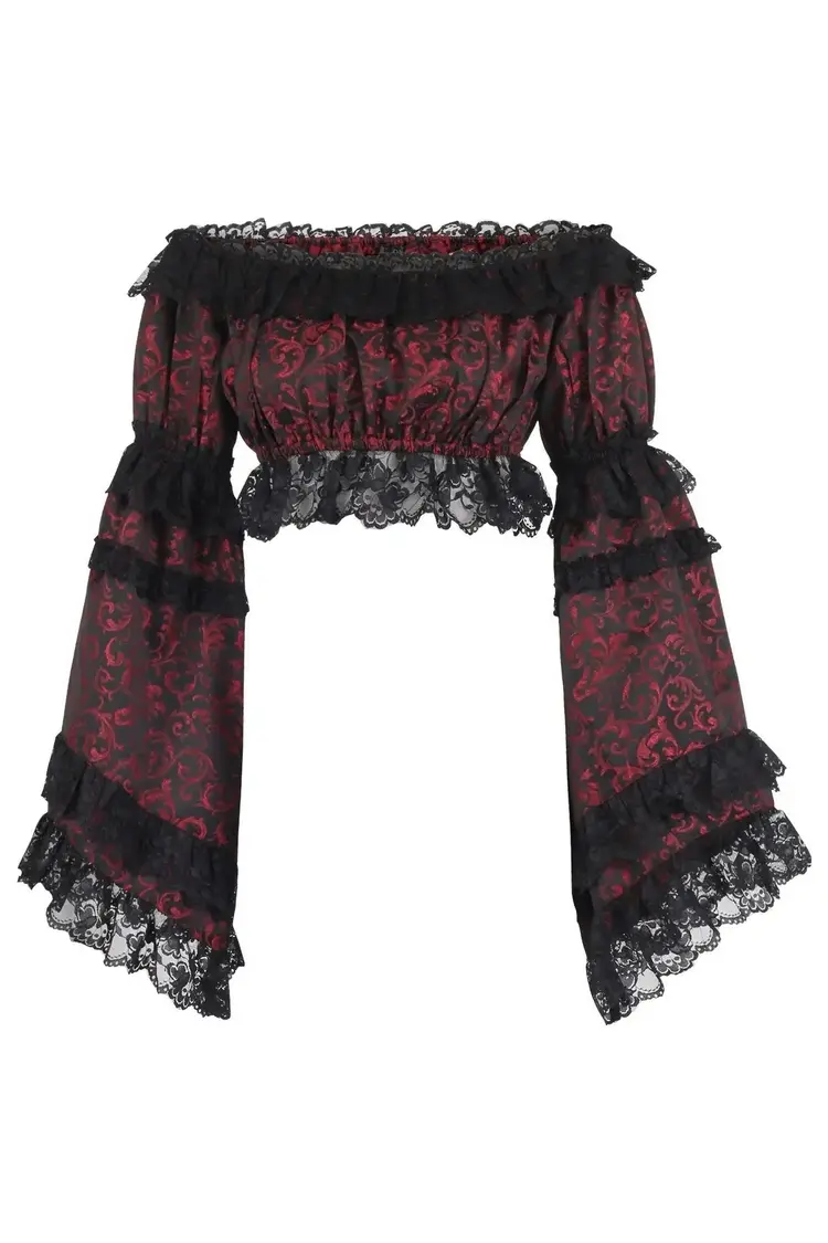 Red/Black Brocade Smocked Flare Sleeve Peasant Top-Regular