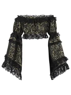 Gold/Black Brocade Smocked Flare Sleeve Peasant Top-Regular