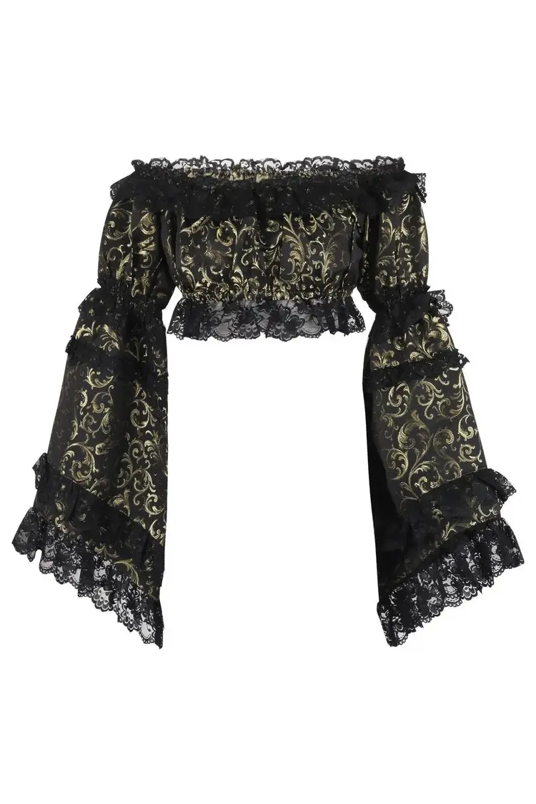 Gold/Black Brocade Smocked Flare Sleeve Peasant Top-Regular