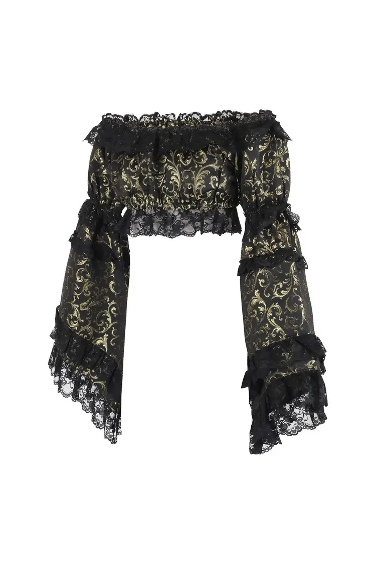 Gold/Black Brocade Smocked Flare Sleeve Peasant Top-Regular