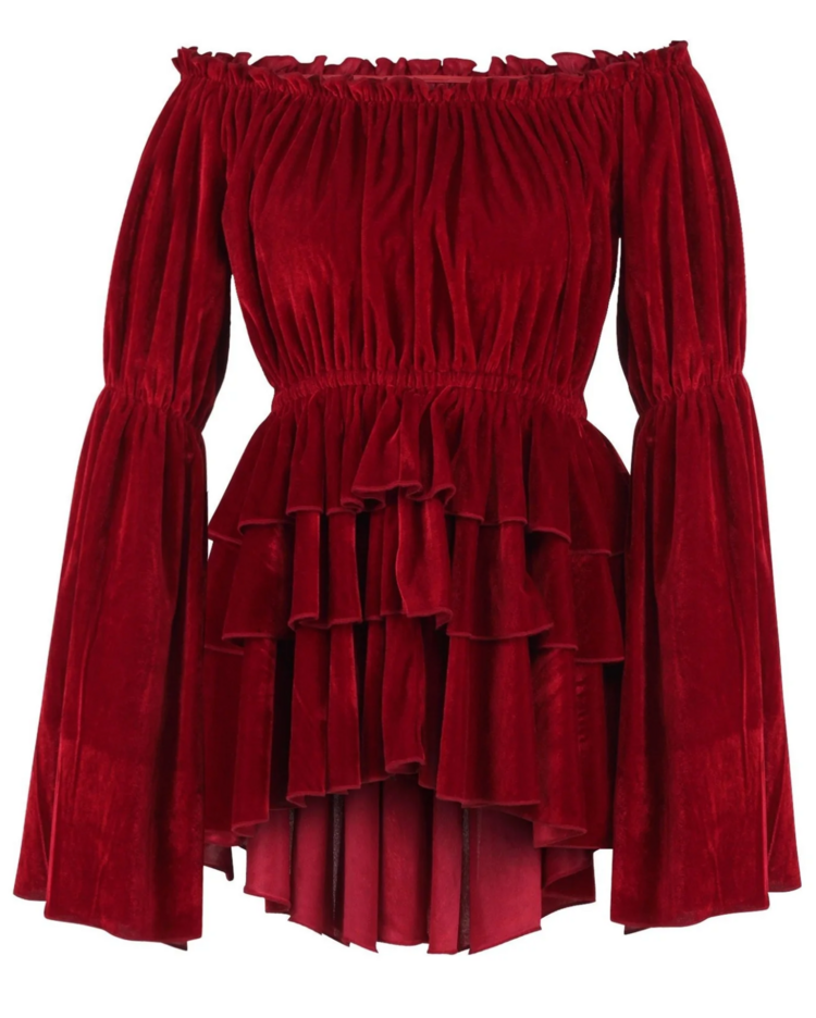 Dark Red Velvet Ruffle Dress