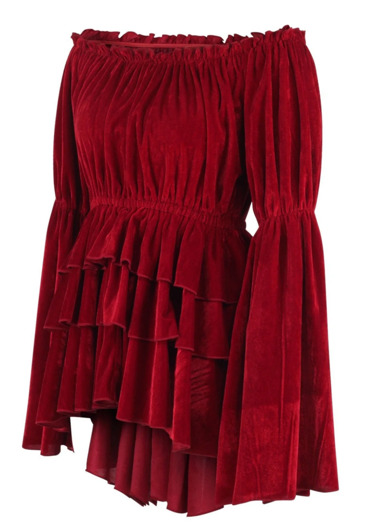Dark Red Velvet Ruffle Dress
