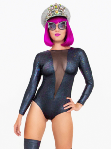 Holographic Mesh Front Long Sleeve Bodysuit Midnight Inferno
