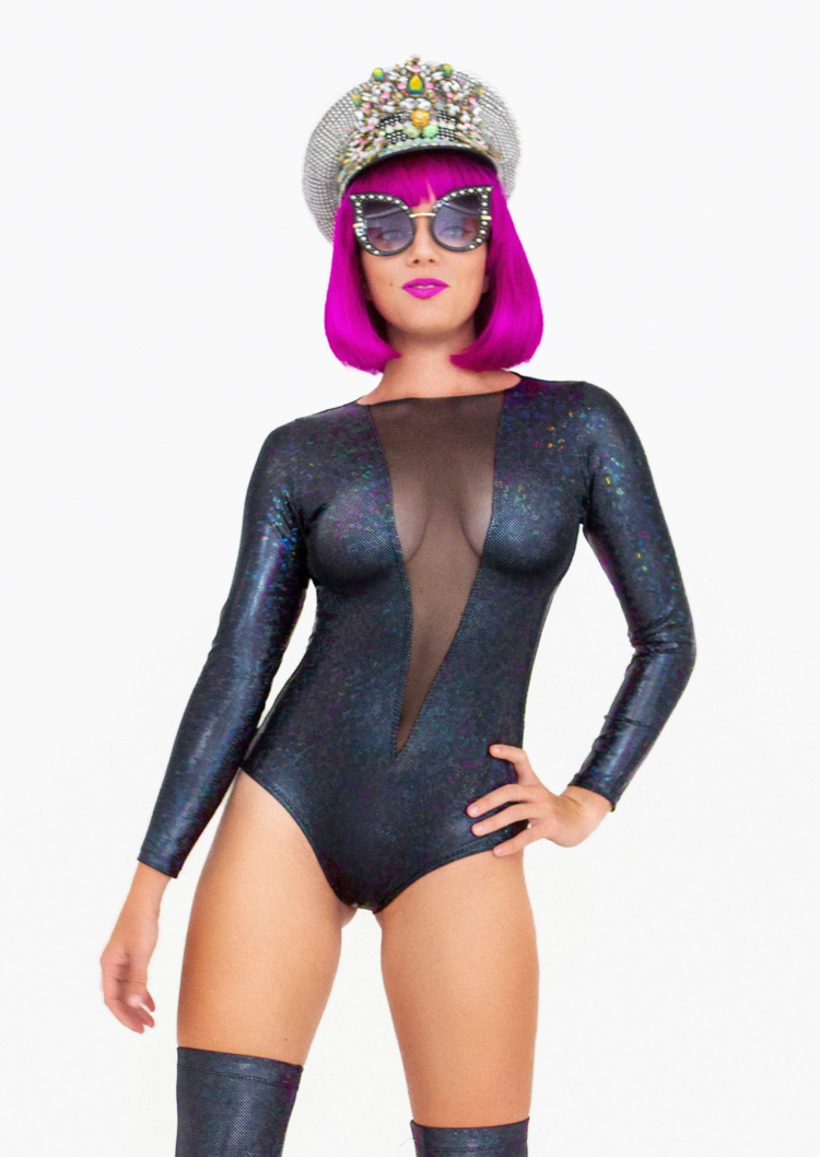 Holographic Mesh Front Long Sleeve Bodysuit Midnight Inferno