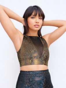 Holographic Mesh Front Crop Top Cosmic Obsidian/Black