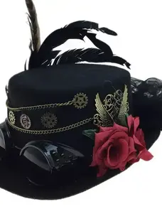 Victorian Steampunk Black Hat with Rose and Goggles
