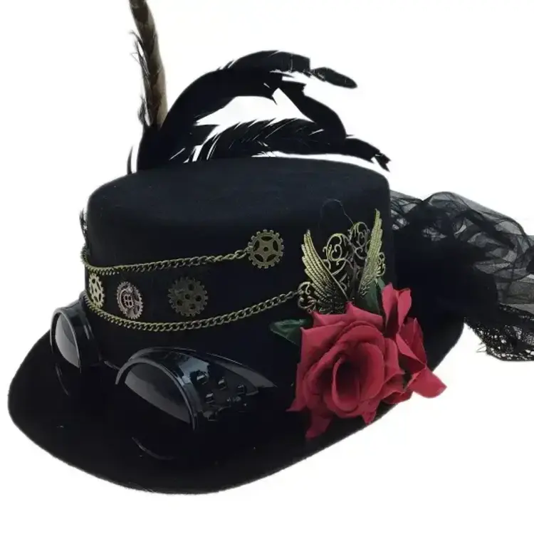 Victorian Steampunk Black Hat with Rose and Goggles