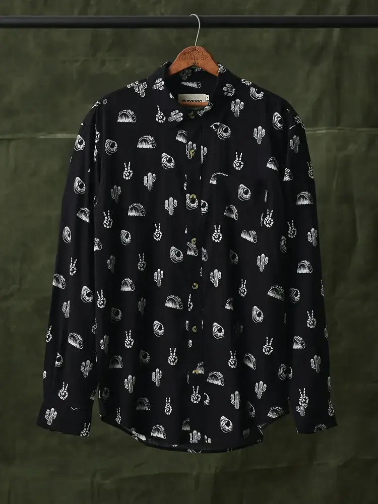 No Problemo Long Sleeve Button Up Taco Cactus Avocado Shirt Black