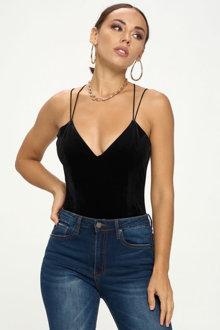Deep V Criss Cross Strap Backless Velvet Bodysuit Black