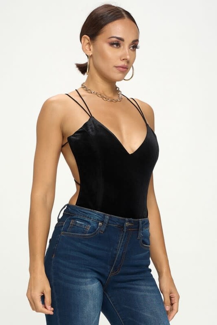Deep V Criss Cross Strap Backless Velvet Bodysuit Black