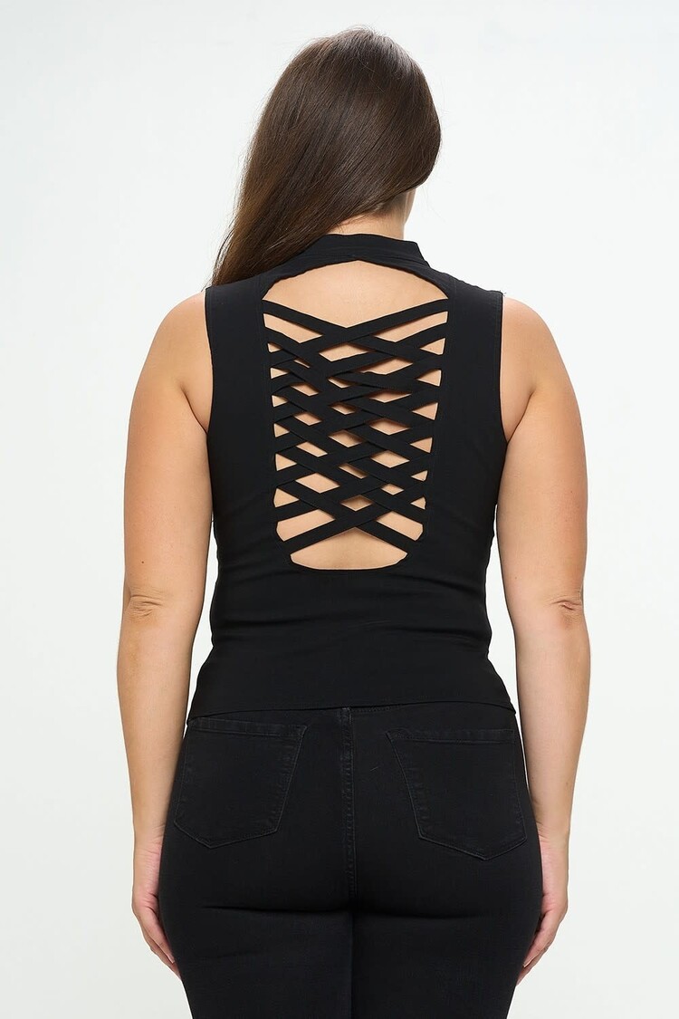 Lace Up Detail Criss Cross Back Cutout Plus Top