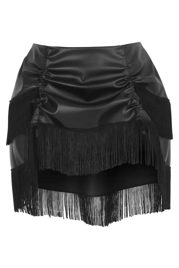 Black Faux Leather Ruched Bustle Skirt w/Fringe