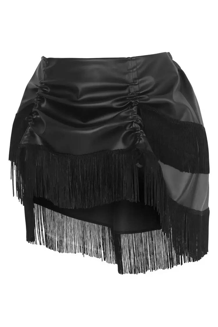 Black Faux Leather Ruched Bustle Skirt w/Fringe