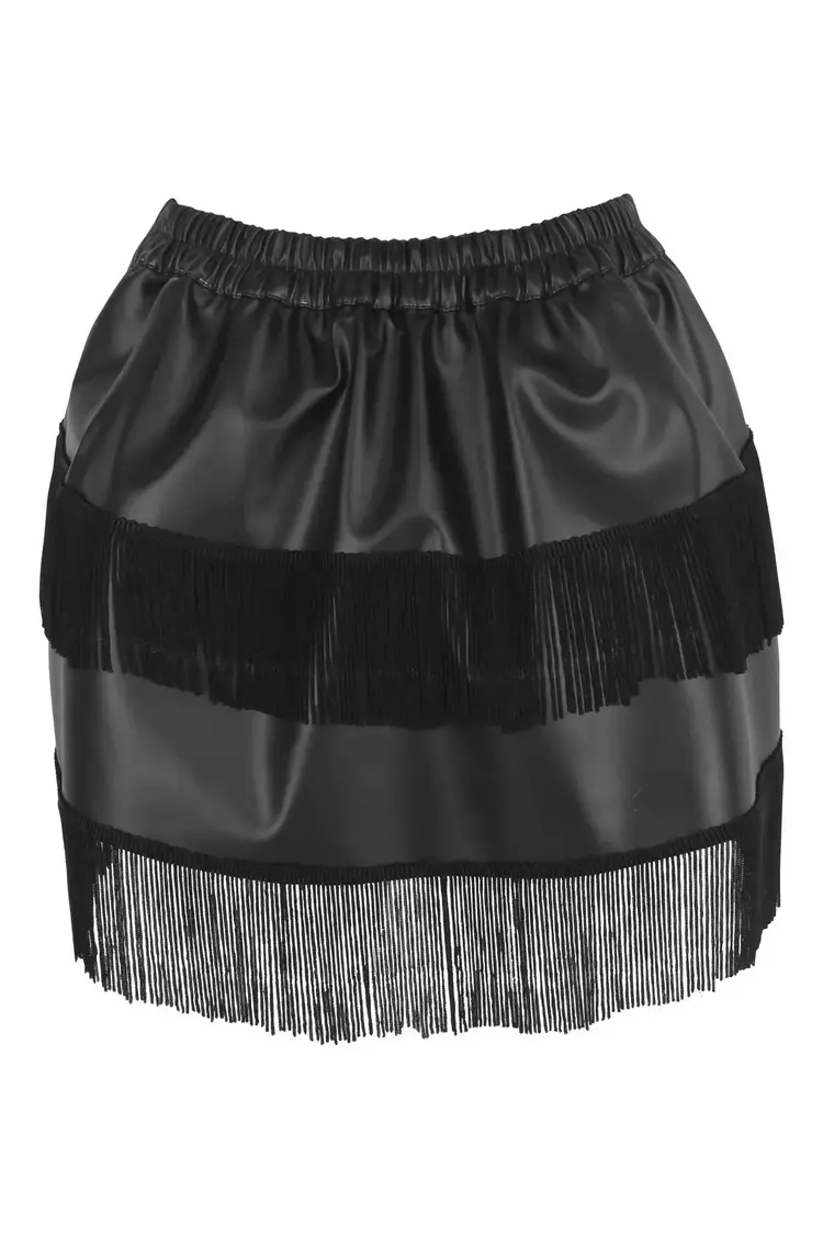 Black Faux Leather Ruched Bustle Skirt w/Fringe