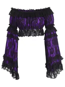 Purple/Black Lace Smocked Flare Sleeve Peasant Top-Queen