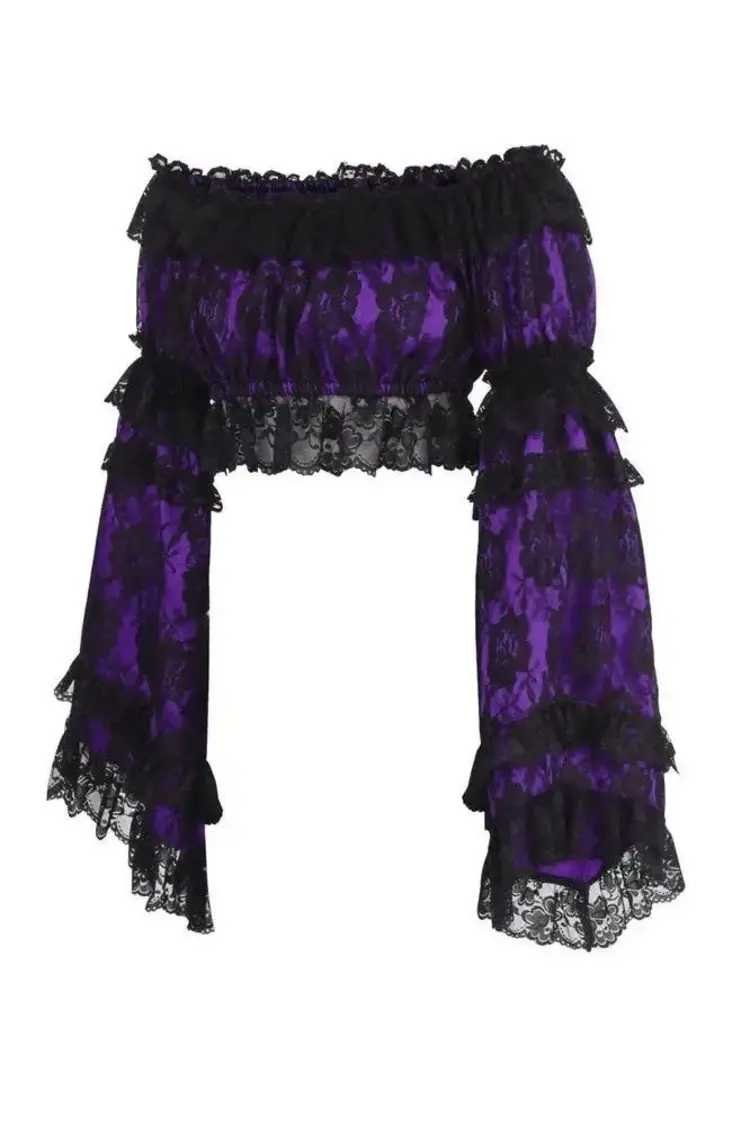 Purple/Black Lace Smocked Flare Sleeve Peasant Top-Queen
