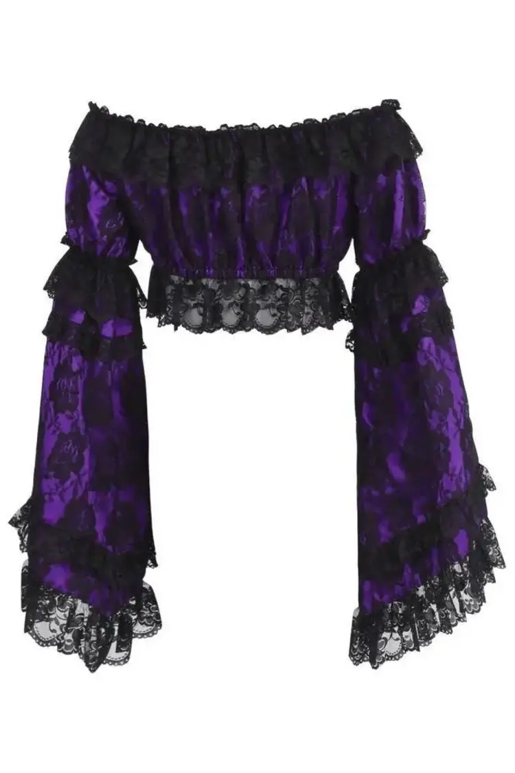 Purple/Black Lace Smocked Flare Sleeve Peasant Top-Queen