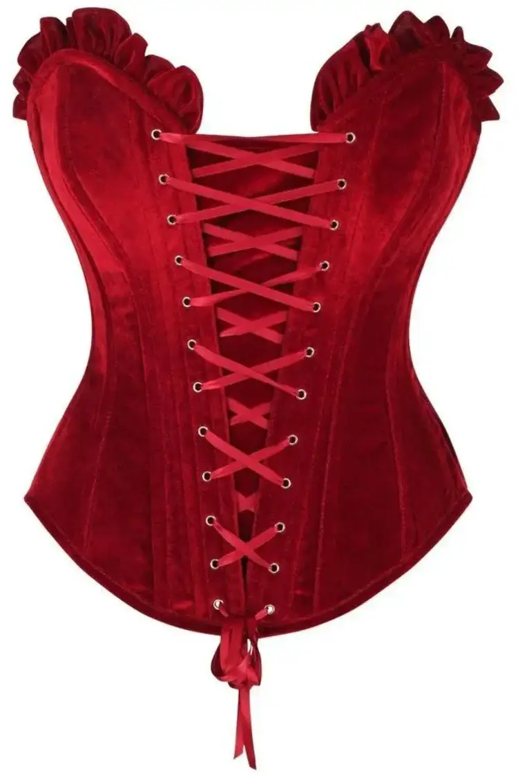 Red Velvet Lace-Up Steel Boned Overbust Corset